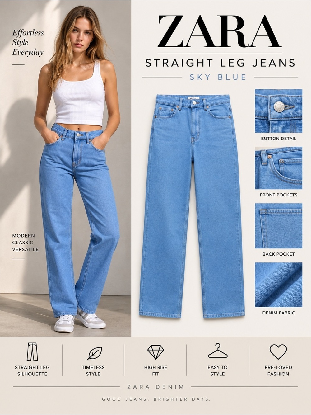 Zara Sky Blue Straight Leg Jeans Size 10 NWT High Rise Casual Denim Pants